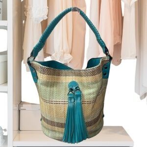 Patricia Nash Octavia Leather Blue Teal & Beige Women's Wicker Woven Tote